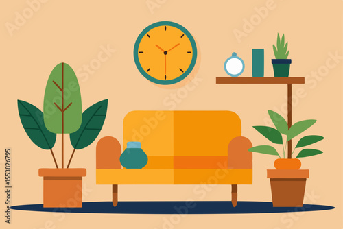A decorative clock on a wooden table in a brightly lit room with a potted plant and natural light streaming through the window, enhancing the home's interior design