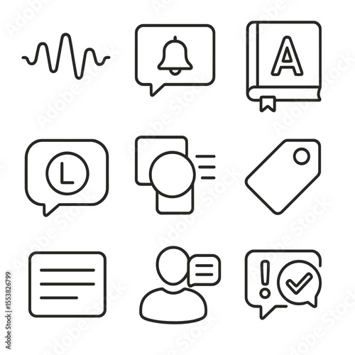 Brand Communication Icons. Outline style icons of Brand and Messaging: brand voice wave, tone of message icon, style guide book,