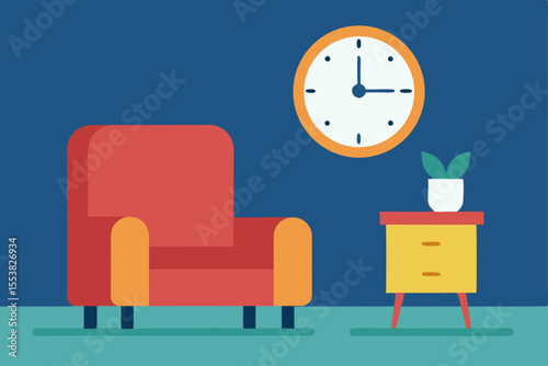 Business office interior with clocks, chairs, and a book on the table, representing time, work, and education