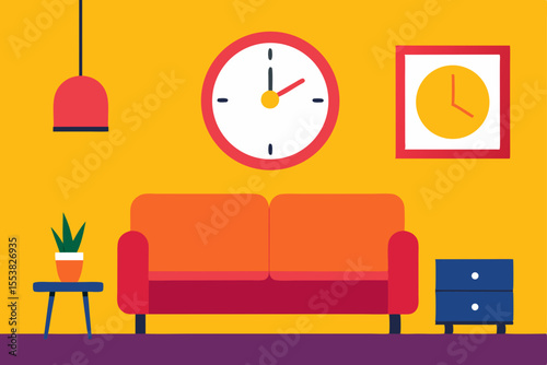 Modern living room interior design with a clock on the wall, showcasing comfortable furniture and stylish home decor