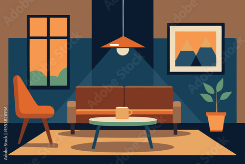 A comfortable, contemporary living room interior features modern furniture including a sofa, armchair, and table, with a fireplace set against a stylish wall