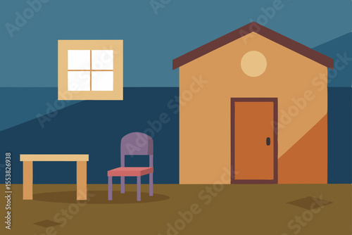 Vector illustration of a modern empty room with a window and a door, featuring a simple interior design