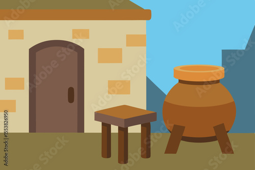 Illustrative design of a wooden door in a comfortable home interior with a table and chair