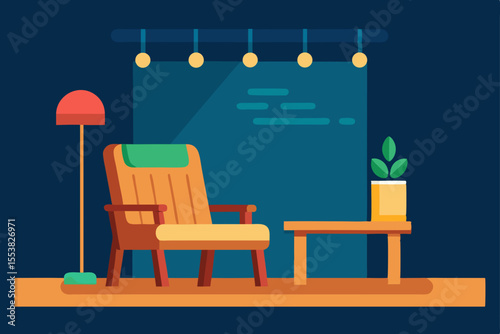 Cozy home interior with comfortable chairs and wooden table, warm lighting and empty floor design