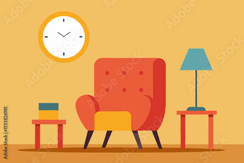 Vector illustration of an empty, comfortable living room interior design with an armchair, sofa, table, and lamp