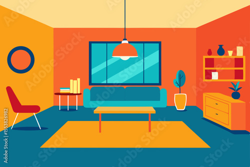 Modern living room interior with a cozy sofa, stylish furniture, and a bright window illuminating the luxurious apartment design