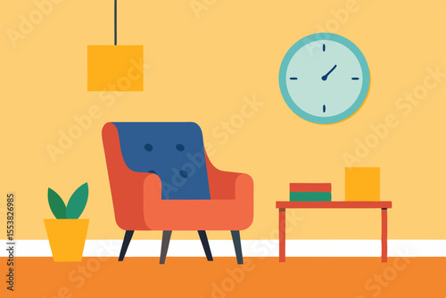 Modern office interior design featuring comfortable chairs, a sleek table, and a stylish lamp, all set on a polished wood floor with an elegant wall clock