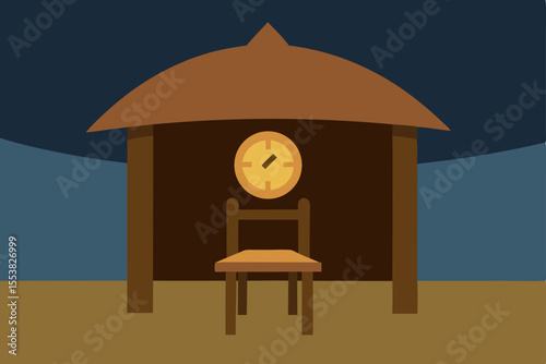 Red wooden clocks adorn beach houses and temple architecture, blending seamlessly with the summer sky, ocean, and natural landscape