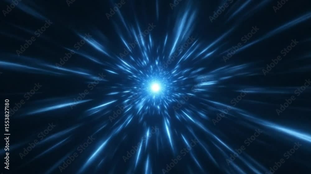 Explosive hyperspace jump effect with radiating blue light streaks. Dynamic sci-fi animation of a wormhole or warp speed travel for futuristic, technology, and space-themed projects.

