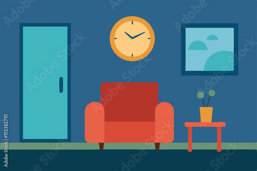 Cozy room interior design with a clock, comfortable armchair, and a minimalist table