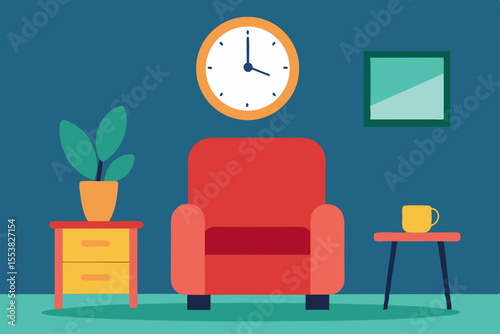 Office interior with an empty waiting room, featuring a modern clock, an office chair, and a table against a clean wall, illustrating business design and the concept of time