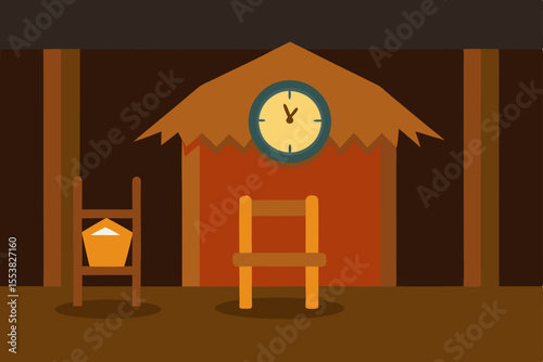 Cartoon vector illustration of a home interior design with a wall clock and window