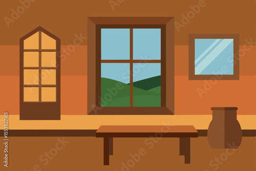 Old wooden window frame in a vintage house interior with a brown wooden table, showcasing an antique architectural design