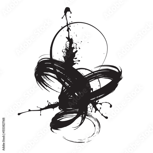 Abstract brush stroke composition with circle and splatters in black ink