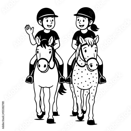 Two kids riding horses together in a black and white vector illustration