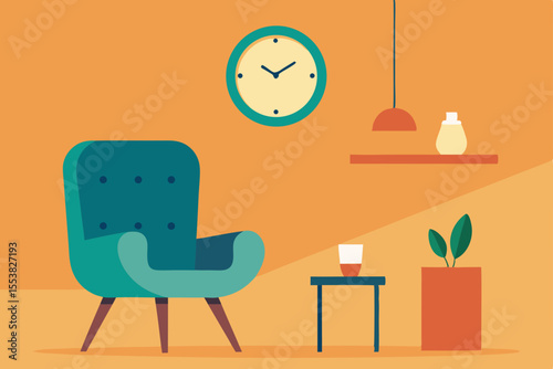 A minimalist vector illustration of an empty office waiting room with a comfortable chair, table, and lamp, designed for business