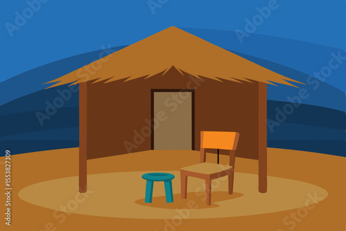 A blue wooden beach house with a white roof on sandy shores under a summer sky