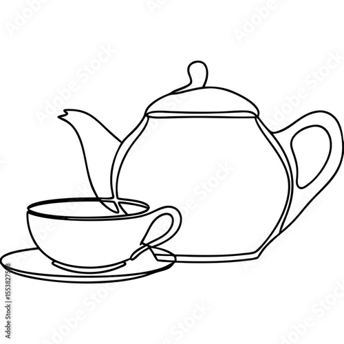 Teapot and cup line art drawing. Elegant teapot with a matching teacup and saucer. Simple line art illustration perfect for tea packaging, cafe menu design, or tea-themed greeting cards.