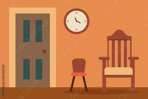An old-fashioned chair and table in a vintage room with a clock on the wall, perfect for a home office interior design