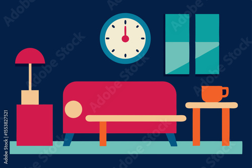 Modern living room interior design with a comfortable sofa, lamp, and clock, perfect for a cozy home apartment