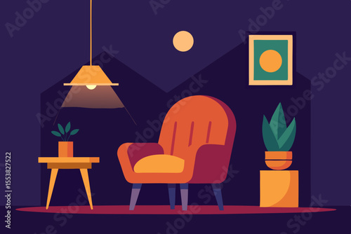 Cozy home interior design with a comfortable armchair, wooden table, and warm light from a large window