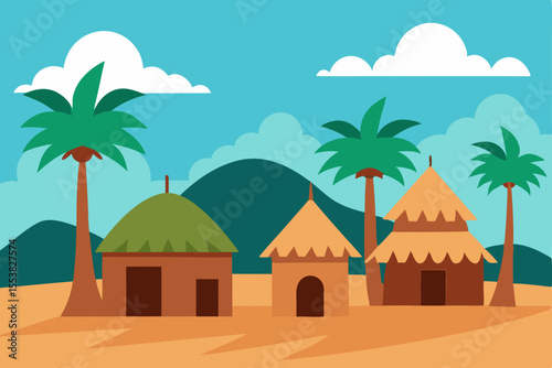 Tropical summer travel illustration with an oasis in the desert featuring a mosque and palm trees under a sunset sky