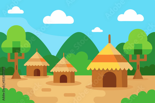 Vector illustration of a serene village landscape with houses, trees, and a clear sky, capturing the essence of rural home architecture