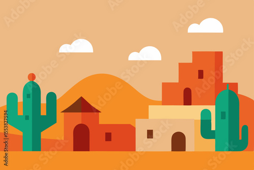 Vector illustration of a mosque in Egypt, featuring a detailed cartoon architecture design with a vibrant summer sky, trees, and a distant city landscape