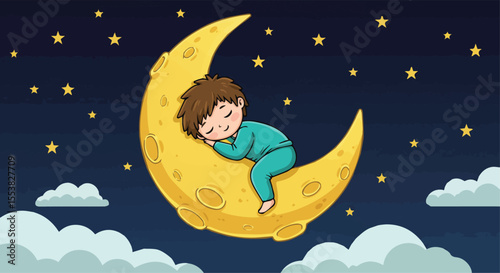 Child Sleeping on a Crescent Moon in the Night Sky