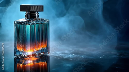 A luxurious perfume bottle, bathed in warm light, sits amidst a dramatic smoky backdrop