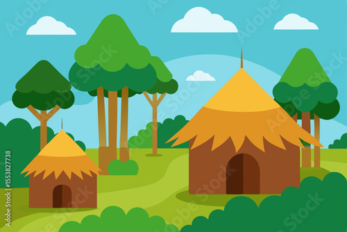 Vector illustration of a serene forest landscape with trees, houses, and mountains under a summer sky