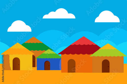 Architectural illustrations of diverse homes nestled in mountain landscapes and whimsical sky settings