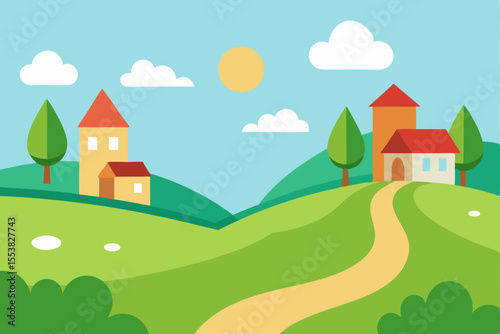Cartoon summer landscape vector with houses, a cottage on a hill, and trees under a sunny sky