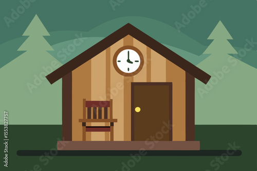 An illustrated residential house with a roof, nestled in the woods, features a charming design and welcoming exterior