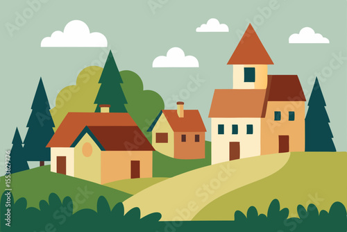 Countryside landscape vector illustration featuring a charming village with houses, trees, and rolling hills under a summer sky