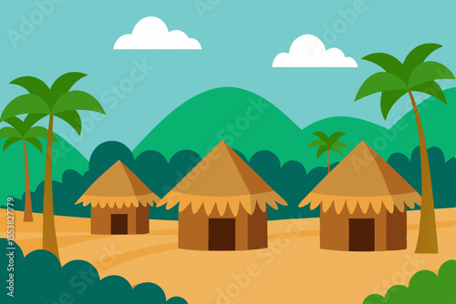 Vector illustration of a landscape with palm trees and a village house