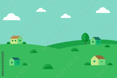 Cartoon vector illustration of a peaceful village landscape with houses, trees, and a house on a hill under a summer sky