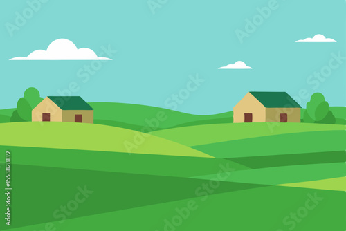 Rural house on a hill with a bright sky, surrounded by a vibrant green landscape of trees, fields, and meadows, illustrating a peaceful country home