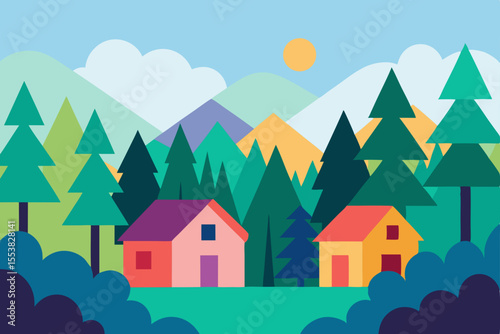 A cartoon vector illustration depicts a summer landscape with green mountains, trees, and rural village homes under a clear sky
