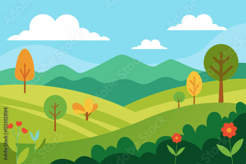 Vibrant summer landscape vector illustration with green trees, rolling hills, and a clear sky