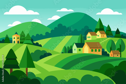 Serene Green Hills Landscape Picturesque Village nestled in rolling hills and lush greenery