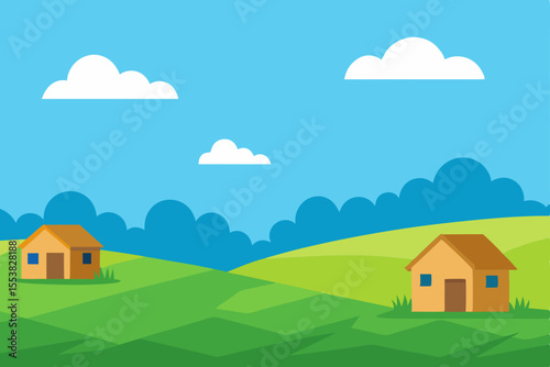 Vector illustration of a village home in a country landscape with trees and summer sky