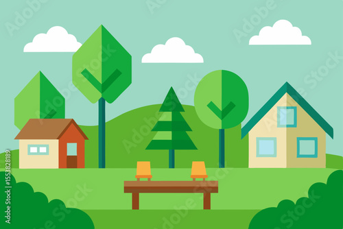Serene Suburban Landscape Houses, Trees, and a Peaceful Park Bench