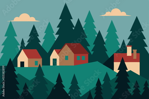 A vector illustration of a festive winter forest landscape with snow-covered fir trees, perfect for Christmas holiday celebrations and seasonal decorations