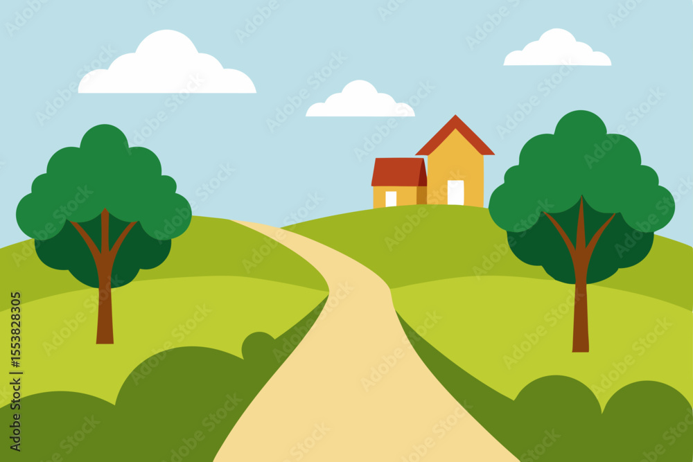 Fototapeta premium Serene Countryside Winding Road, Rolling Hills, and Charming Houses