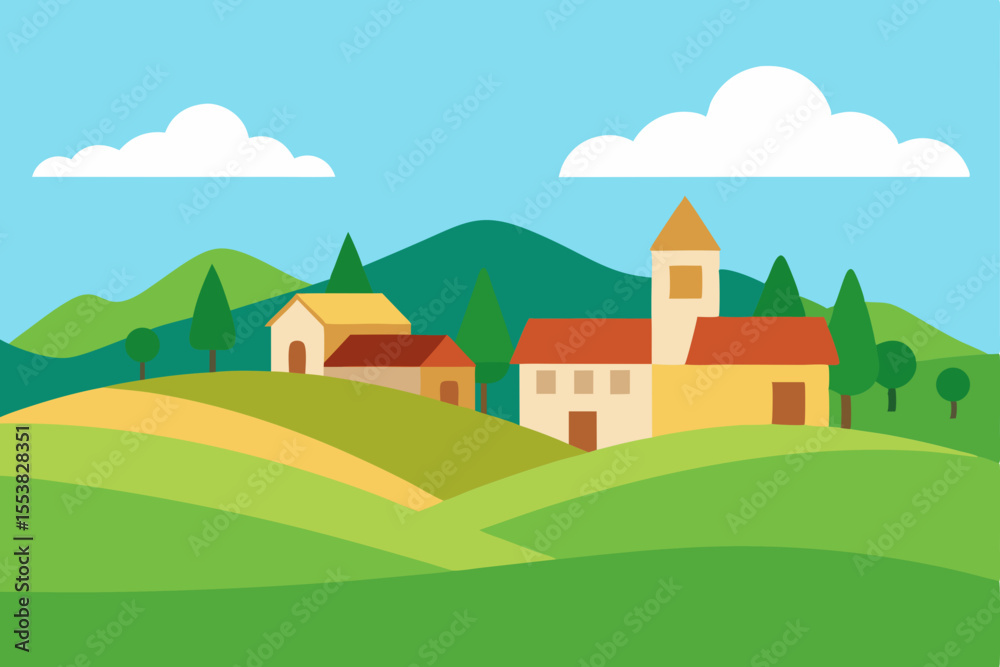 Naklejka premium Charming Village nestled in Rolling Hills A picturesque countryside scene