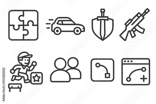 Gaming App Icon Set. Line style icons of gaming app logos: puzzle game icon, racing game icon, RPG icon, shooter app icon,