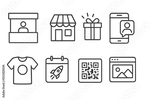 Brand Activation Icons. Line style icons of brand activation: event booth, pop-up store, giveaway box, influencer shoutout,