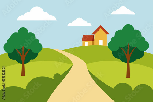 Serene Countryside Winding Road, Rolling Hills, and Charming Houses