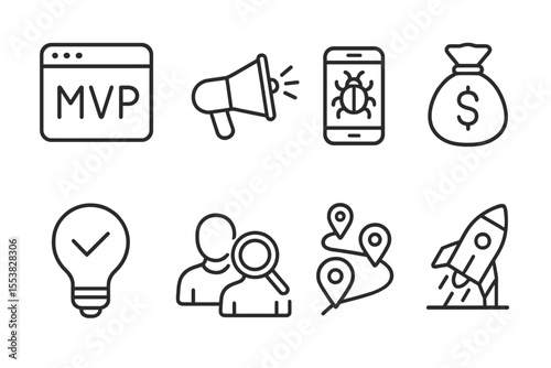 Startup App Icons. Line style icons of startup app logos: MVP app icon, pitch app icon, beta test icon, funding app icon, idea